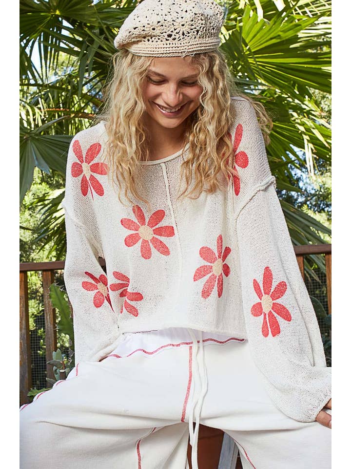 Pol Clothing - Wholesale Knit Sweater - Women's - Round neck balloon sleeve floral prints sweater SALE