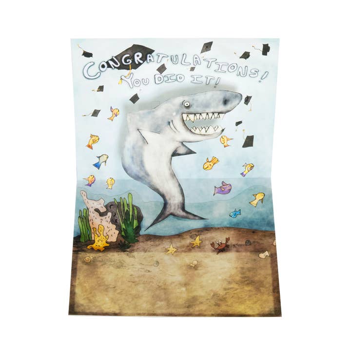 Graduation Shark Pop Up Card for wholesale by Amelia Kieras Paper Arts