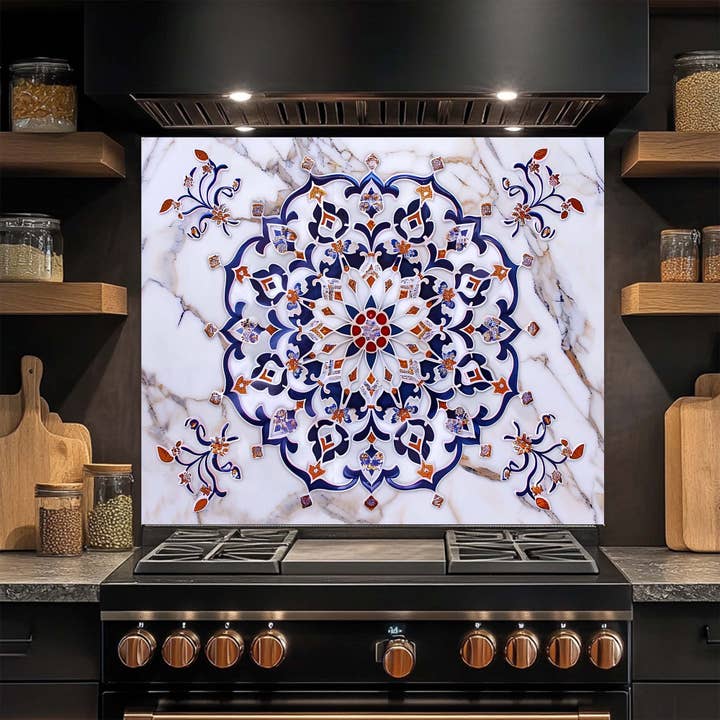 Imperial Mosaic – Tempered Glass Backsplash for Kitchen – Blue & Gold Mandala Splashback for wholesale by Glass Kitchen Backsplash