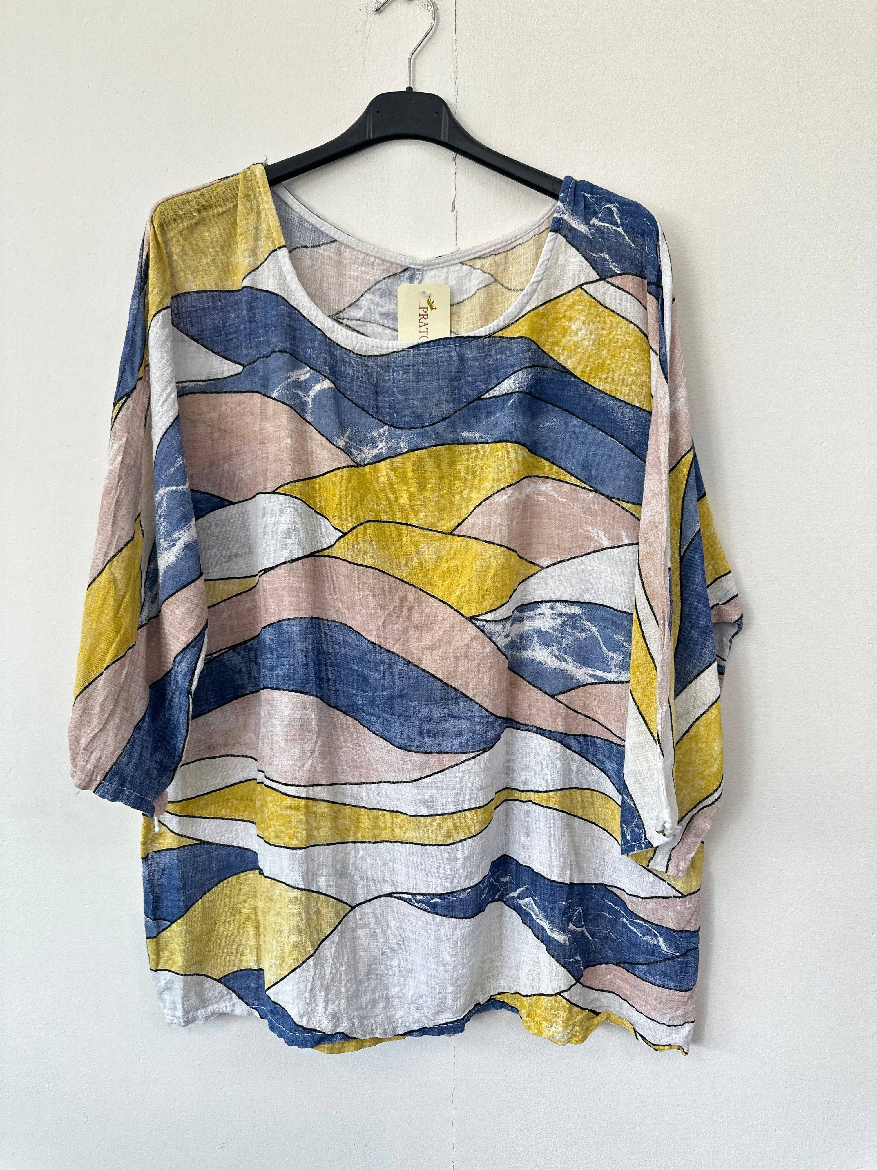 Miss Bold - Wholesale Blouse - Women's - Italian Abstract Print Oversized Linen Blend Top with 3by4 Sleeves5