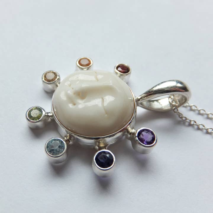 Ajmer by Jodi - Wholesale Individual Charm/Pendant - Moon Face Chakra Pendant in sterling silver ~ 7 faceted gems5
