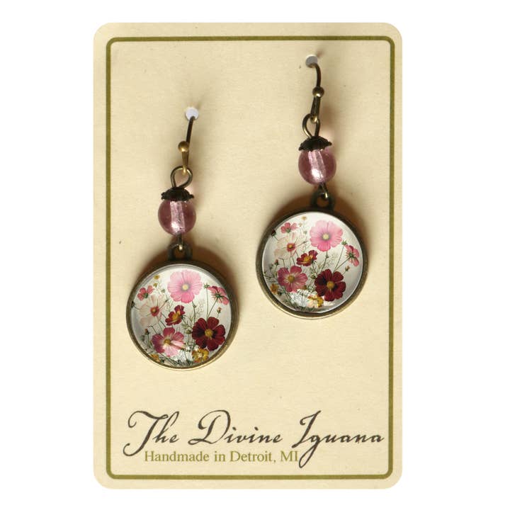 The Divine Iguana - Wholesale Dangle Earrings - Cosmo Flower Glass Cabochon and Bronze Earrings1