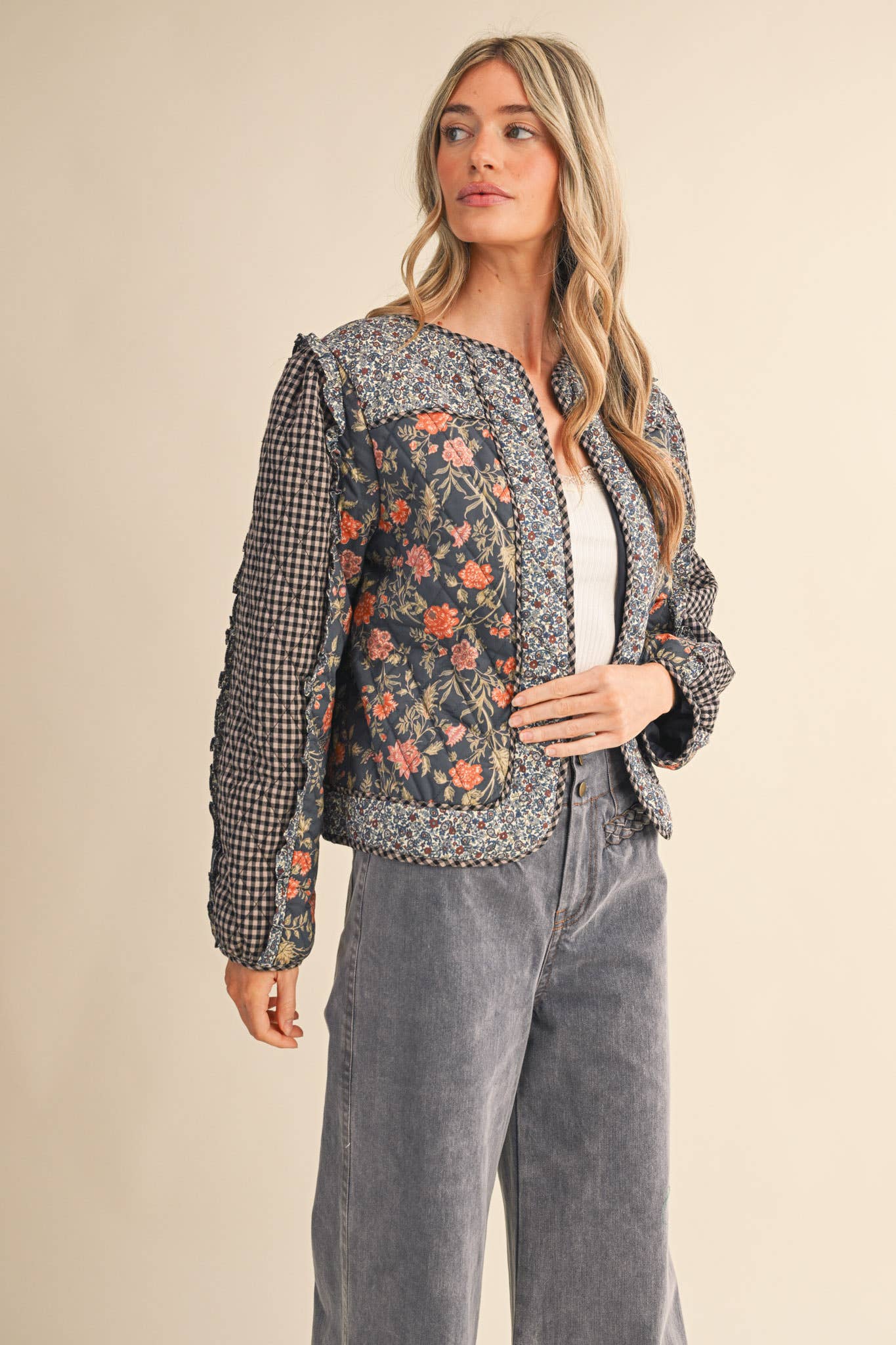 BURGUNDY MULTI MIXED PRINT QUILTED JACKET WITH RUFFLE TRIM MJK4531 for wholesale on Faire13