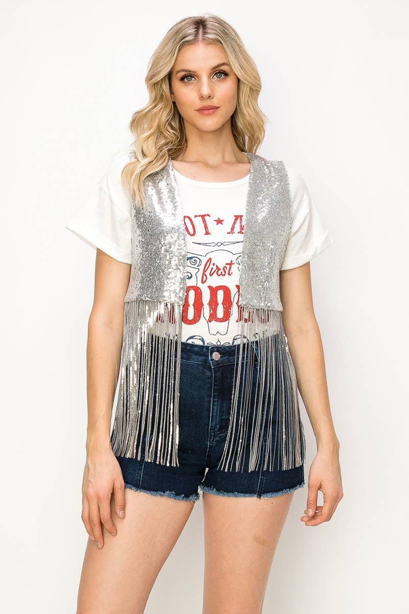 WISTERIA LANE - Wholesale Outerwear Vest - Women's - BOHO WESTERN SEQUIN FRINGED VEST - GOLD12