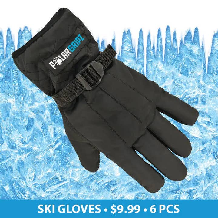 Polar Gripz Winter Ski Gloves with Wrist Strap Bulk Closeout for wholesale by Novelty Closeout