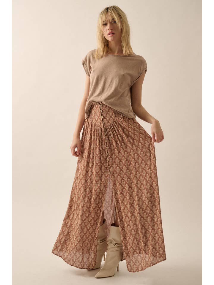 Promesa USA – Saia - Mulher por atacado – Saia Maxi Floral Ornada com Cintura com Botão e Frente9