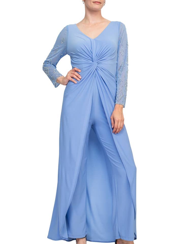 Marina V Neck Long Beaded Sleeves Back Zipper Knot Twist Jersey Jumpsuit for wholesale by Immediate Apparel