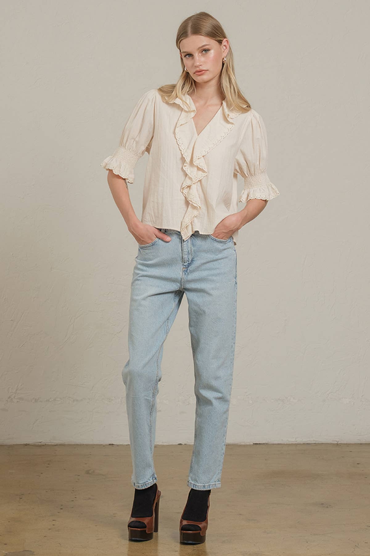 RAISONNEL - Wholesale Blouse - Women's - Ruffle Trim Lace Detail Blouse - RT11795