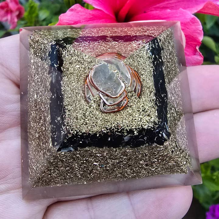 Mini Orgone Brass and Copper Black tourmaline Protection Pyramid for wholesale by Ancient Energy LLC