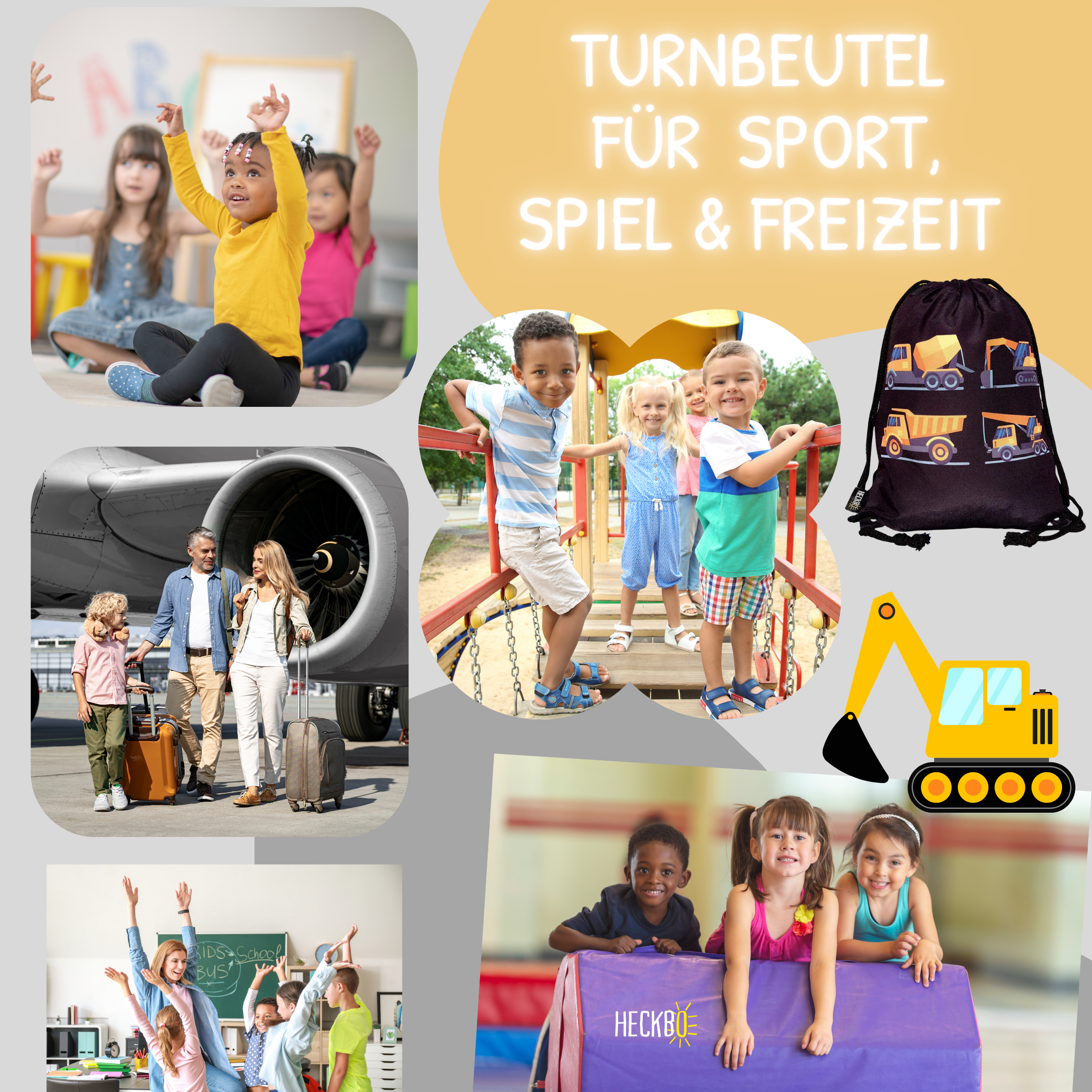 HECKBO - Vente Sac à cordon de serrage – enfant - Sac de sport 4 véhicules de chantier noir5