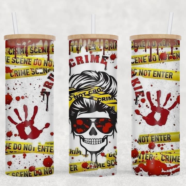 True Crime Messy Bun Skeleton Crime Scene Tape Funny Tumbler Koozie for wholesale by BreakOut Outfitters