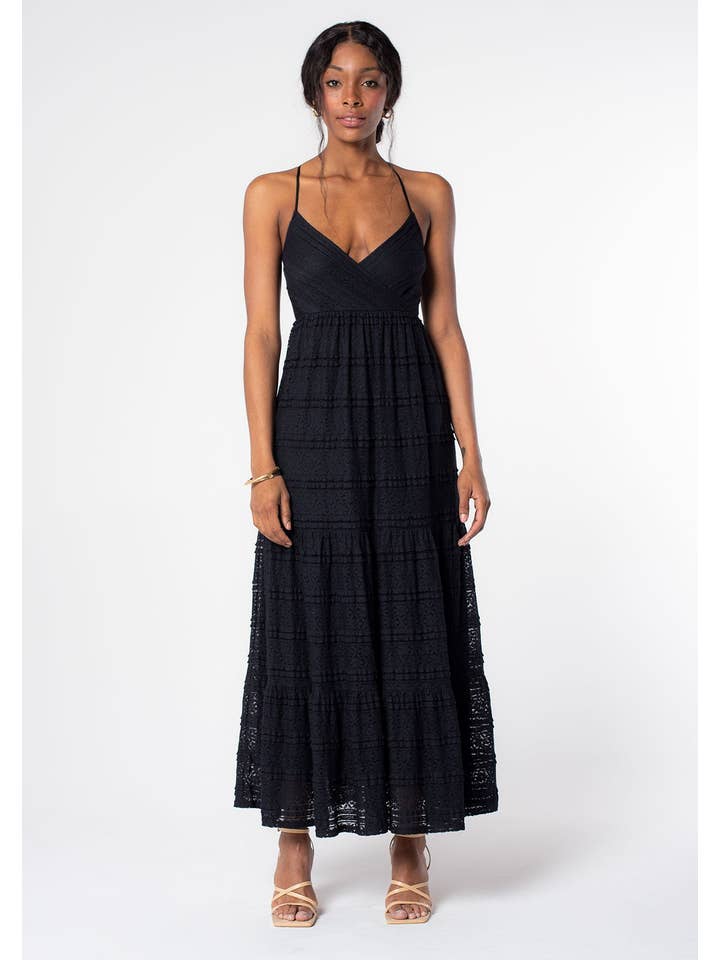 Lovestitch - Wholesale Dress - Women's - Cross Back Surplice Tiered Lace Maxi Dress