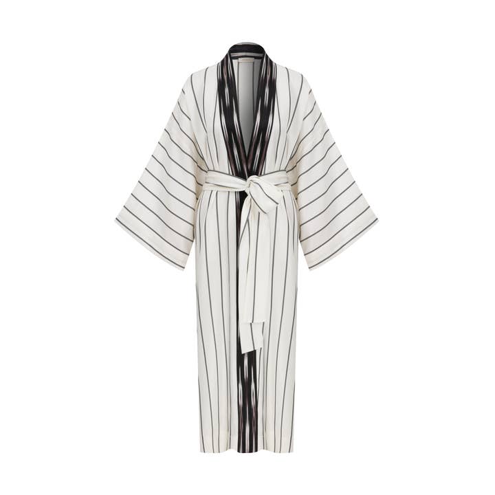 Kutnu Kimono with Ikat Trim, Black/White for wholesale by KUTNİA