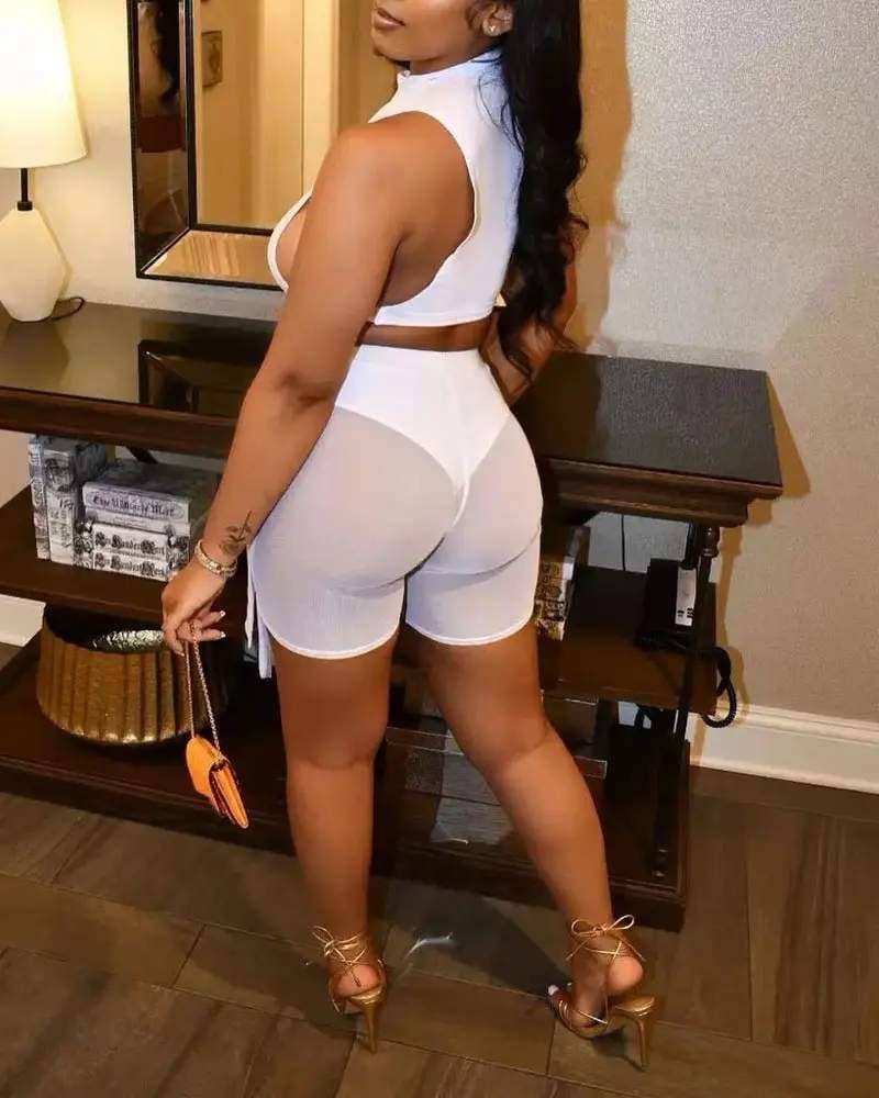 Queen Fashion - Vente Ensemble haut et jupe - Femme - ensemble de shorts en maille transparente à nouer sur le côté10