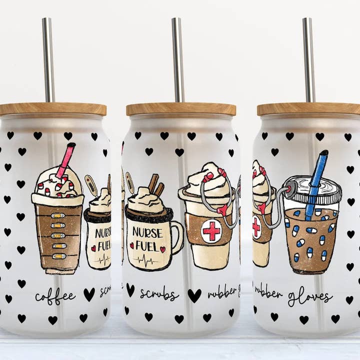 Coffee Scrubs Rubber Gloves Nurse Fuel 16oz Frosted Libbey Glass Tumbler for wholesale by Kate Haven Glass Tumblers for Every Occasion