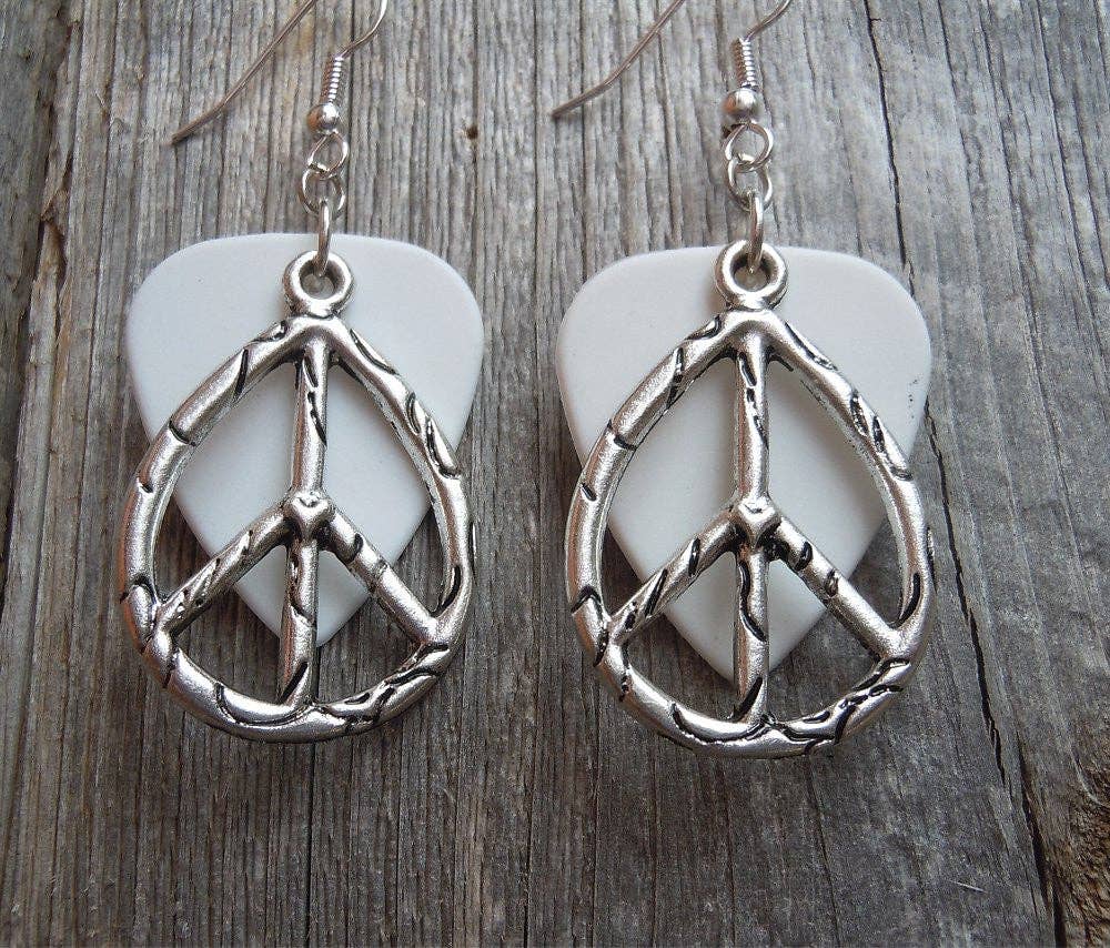 Simply Raevyn - Wholesale Dangle Earrings - Large Oval Peace Sign Charm Guitar Pick Earrings5