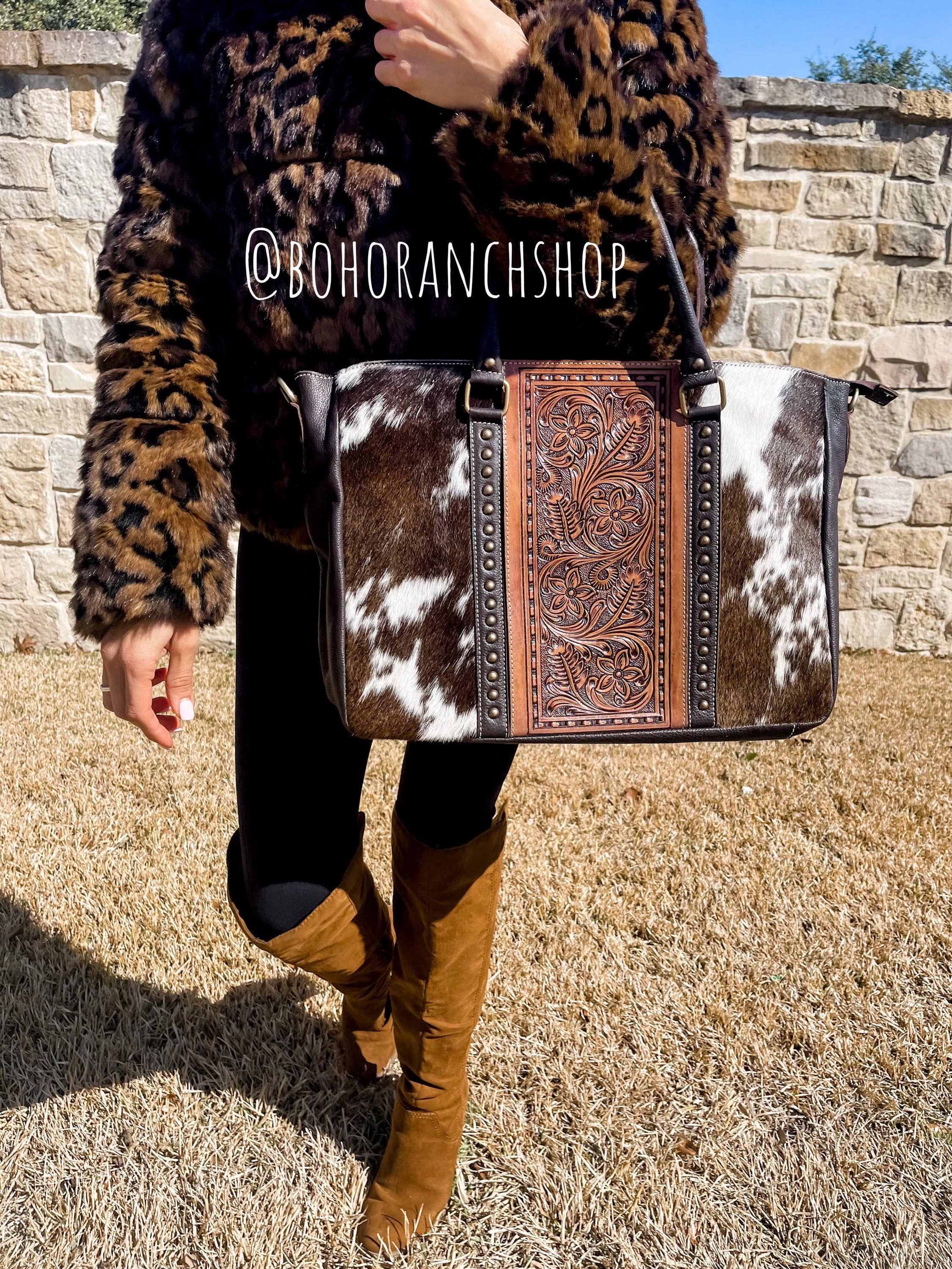 Boho Ranch Shop - Wholesale Tote Bag - Women's - Hand Tooled Leather Cowhide Western Purse Tote Work Bag3