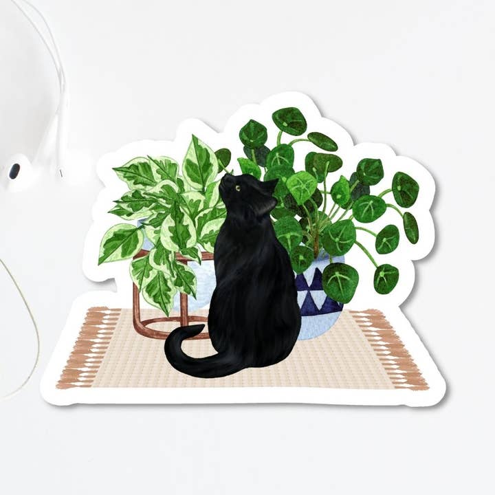 Black Cat Smelling The Plant Babies Sticker vinyle pour la vente par Hey Dana