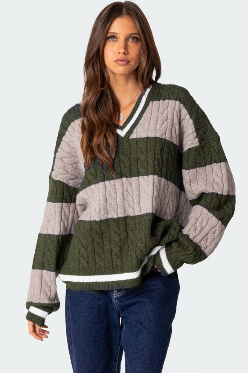 NINEXIS - Wholesale Knit Sweater - Women's - CWOSWL08090_V NECK STRIPED COLORBLOCK KNIT SWEATER2