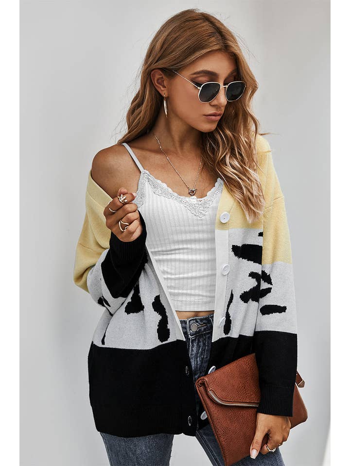 Supreme Fashion - Vente Pull tunique – femme - Cardigan en maille à col en V et blocs de couleur avec boutons