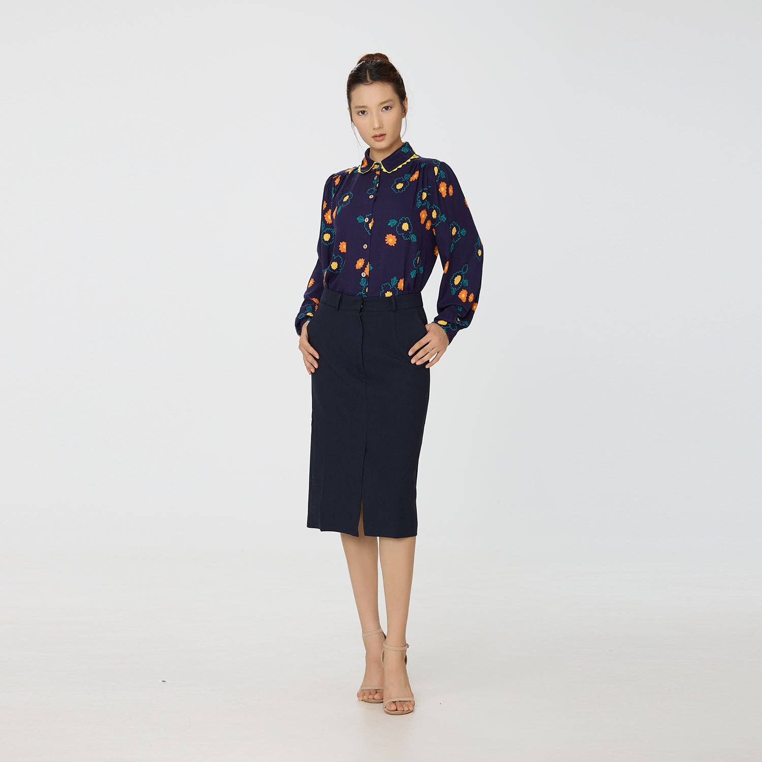 Navy Blue Abstract floral print shirt with contrasting trim for wholesale on Faire2