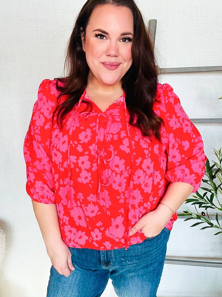 Nieuwe Dag Rood Lint Strik Detail Bloemen Geweven Blouse (Open Verpakking) voor wholesale door Promenade