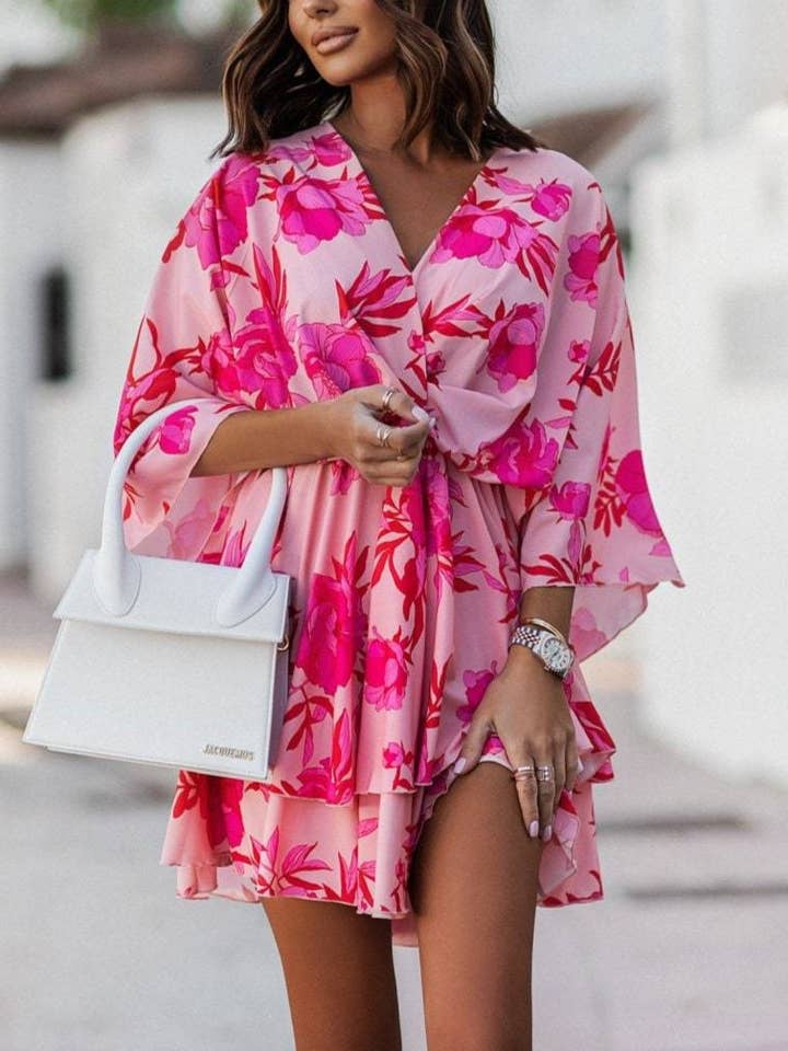 HIDDENBRAND - Wholesale Dress - Women's - V-Neck Print Waist Cinched Dolman Sleeve Dress