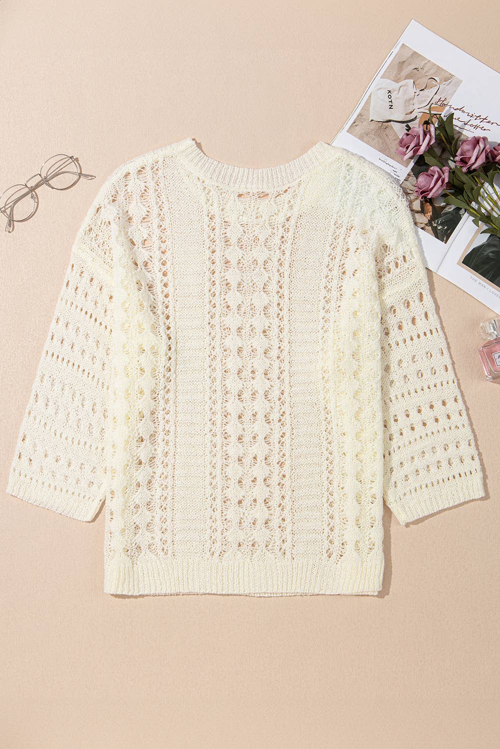 White Hollow Out Knit Bracelet Sleeve Drop Shoulder Sweater for wholesale on Faire4