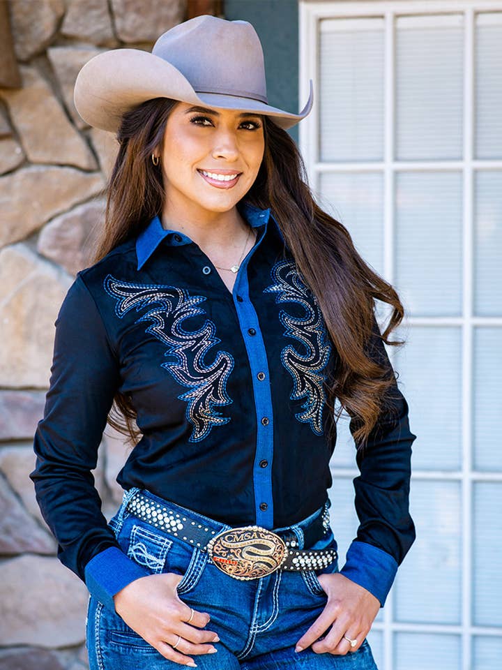 Pullover Button Up with Western Swirl Embroidery Suede for wholesale by Cowgirl Tuff Co. / B. Tuff Jeans