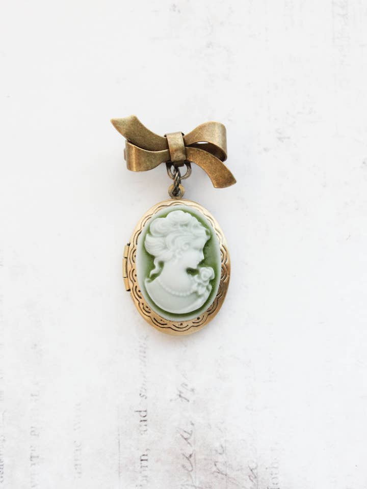 Green Lady Cameo Brooch - Vintage Style - Bow and Locket for wholesale by A Pocket of Posies