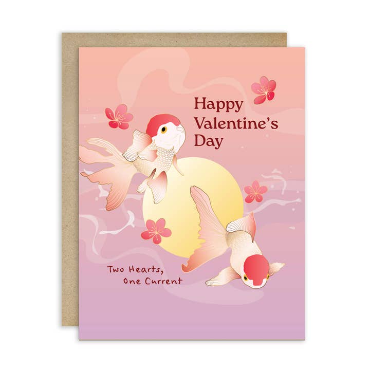 Carte de Saint-Valentin Koi et Lune | Deux cœurs, un courant pour la vente par Cute Asian Cards