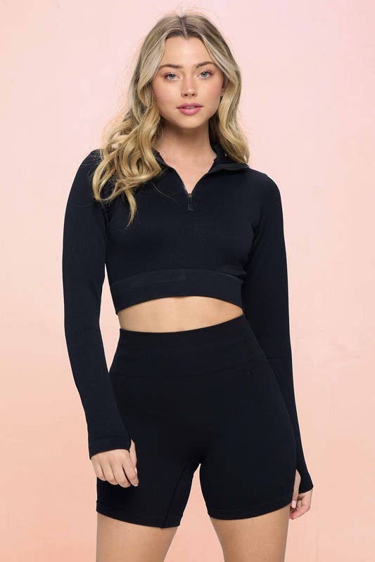 otos active - Vendita all'ingrosso Maglia sportiva - Donna - Top sportivo corto senza cuciture con mezza zip con fori per i pollici7