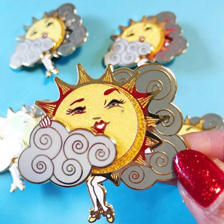 Sliding Cloud Sun Teaser hard enamel pin with glitter! and other Purchase wholesale enamel pins custom. Free returns & net 60 terms on Faire trending on Faire.