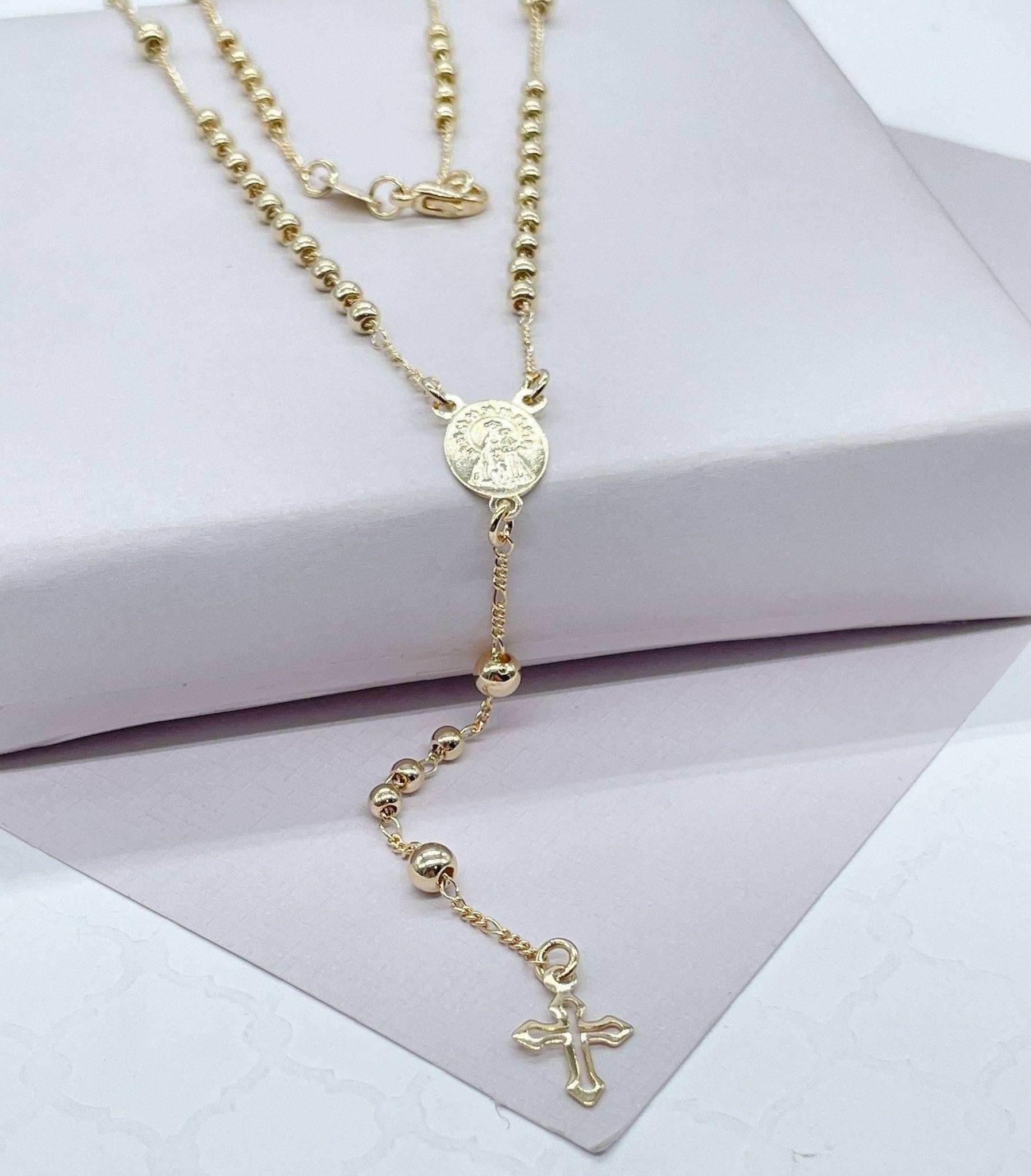 Milie - Wholesale Prayer beads necklace - 18k GF Rosary Necklace: Beaded Virgin Mary Medal, Tiny Cross