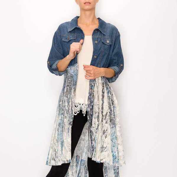 CROPPED DENIM JACKET WITH LACE LAYER-4510 DENIM/NAVY for wholesale by Origami Apparel ~ Lace and Crochet inspired