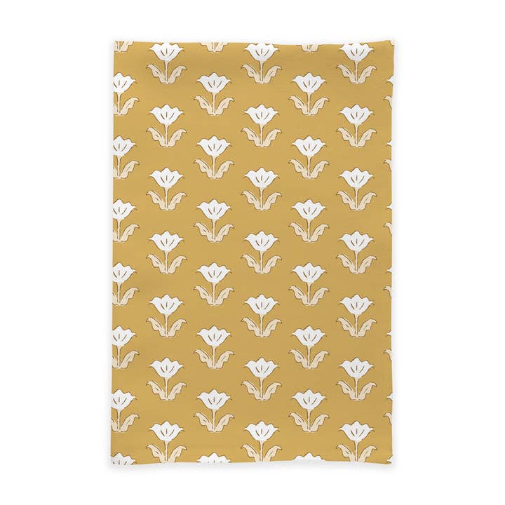 Torchon en lin européen - Tulipes ondulées, Jaune moutarde pour la vente par Jess Hobbs Studio