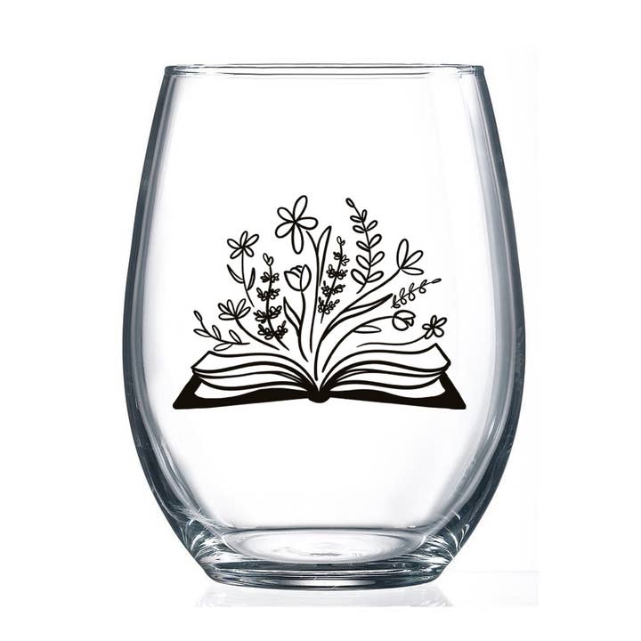 Botanical Library Bookish Floral 15oz Artist Designed Stemless Wine Glass for wholesale by Fly Paper Products