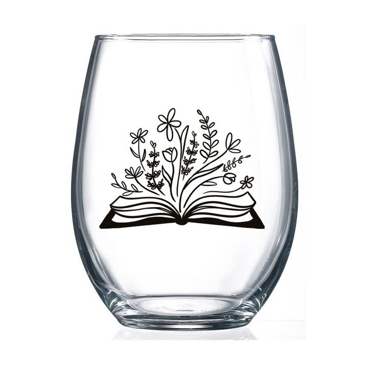Botanical Library Bookish Floral 15oz Artist Designed Stemless Wine Glass for wholesale by Fly Paper Products