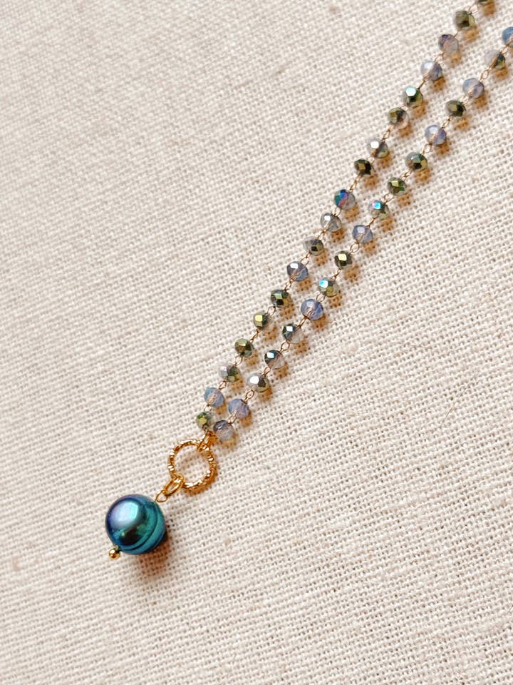 Blue Green Crystal Link Chain Pearl Pendant Necklace for wholesale by Gracie Rose Designs