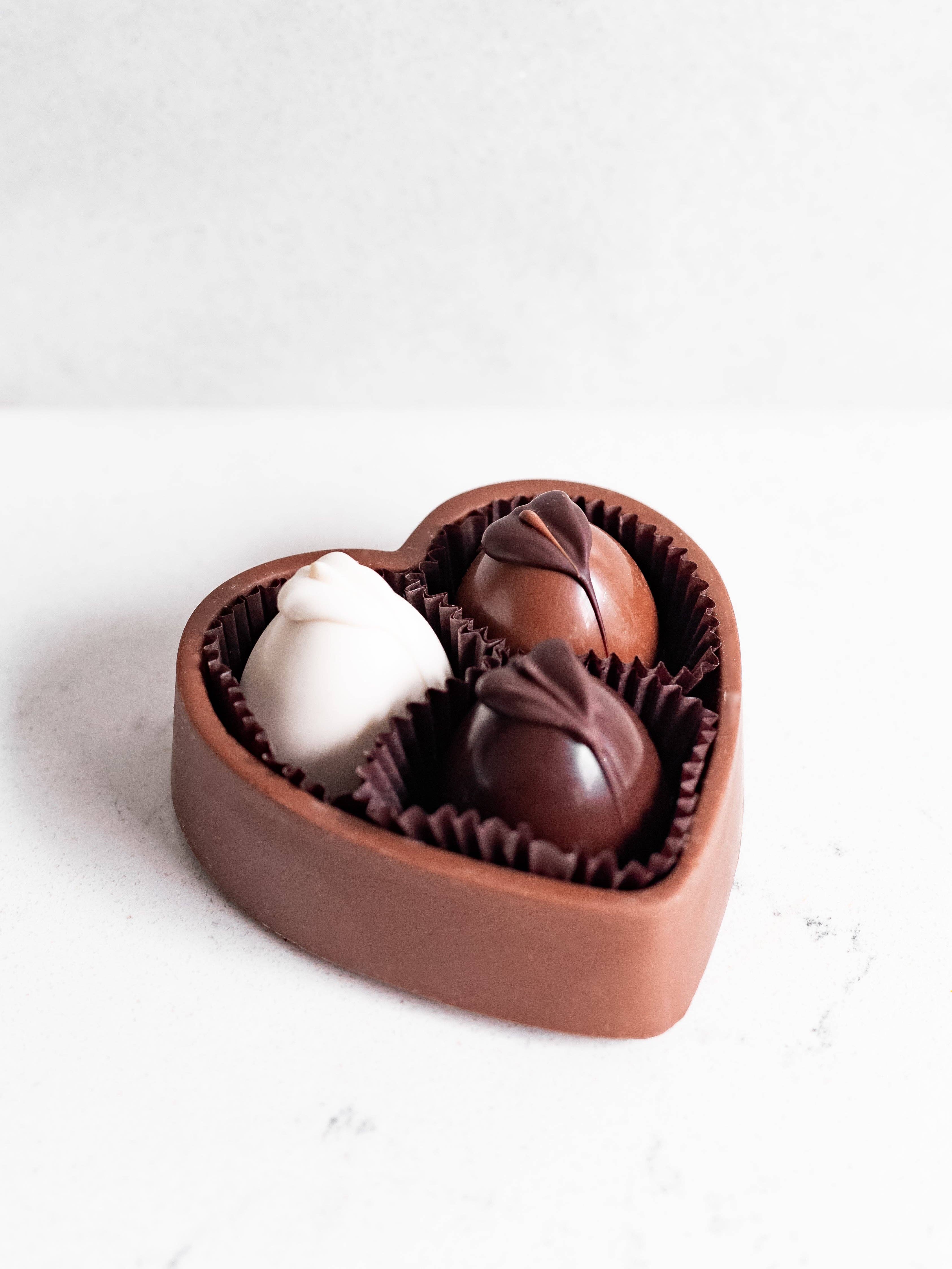 Wholesale Valentine's 6oz Milk Chocolate Heart Box with Three Truffles for your store Faire