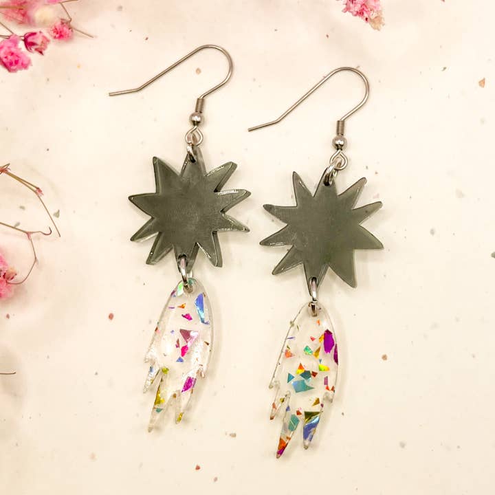 (Black/Glitter) Shooting Star Charm Acrylic Earrings for wholesale by Hoity Toity Goods