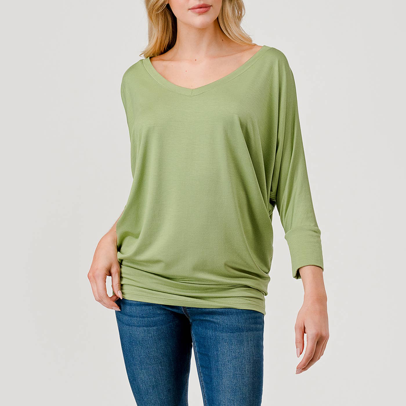 Heimious - Wholesale Knit Top - Women's - 3/4 Dolman Sleeve V-neck Modal Jersey Top, 257387