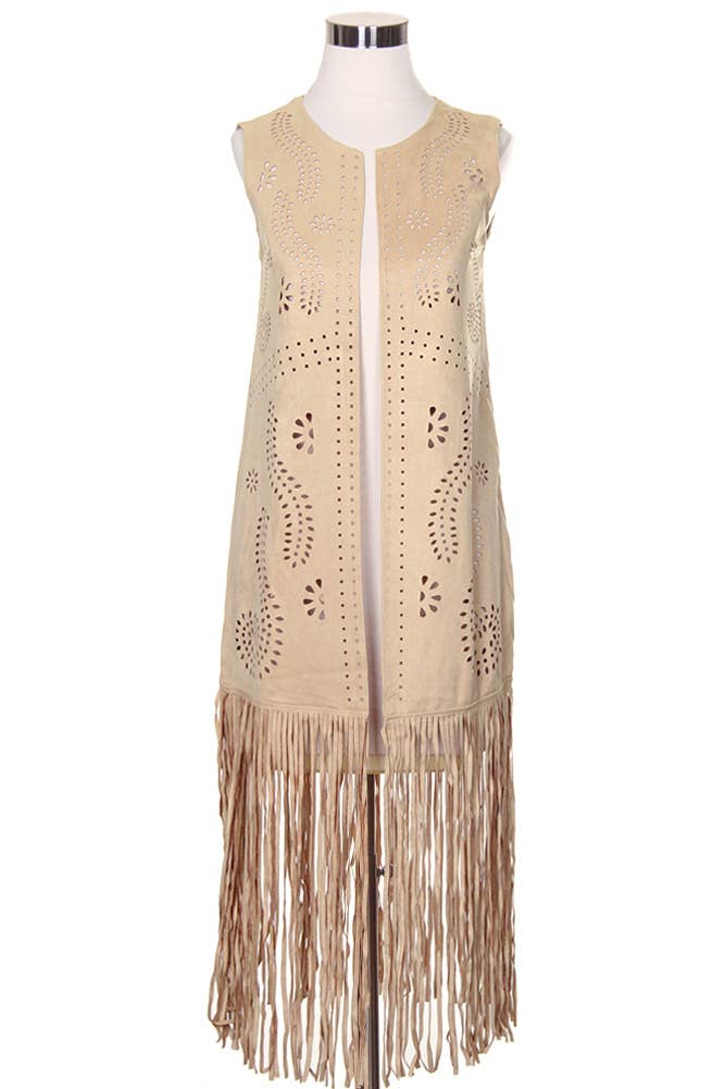 Hana - Venta al por mayor Chaleco de abrigo - Mujer - Chaleco de gamuza cortado con láser con estampado de hojas geométricas3