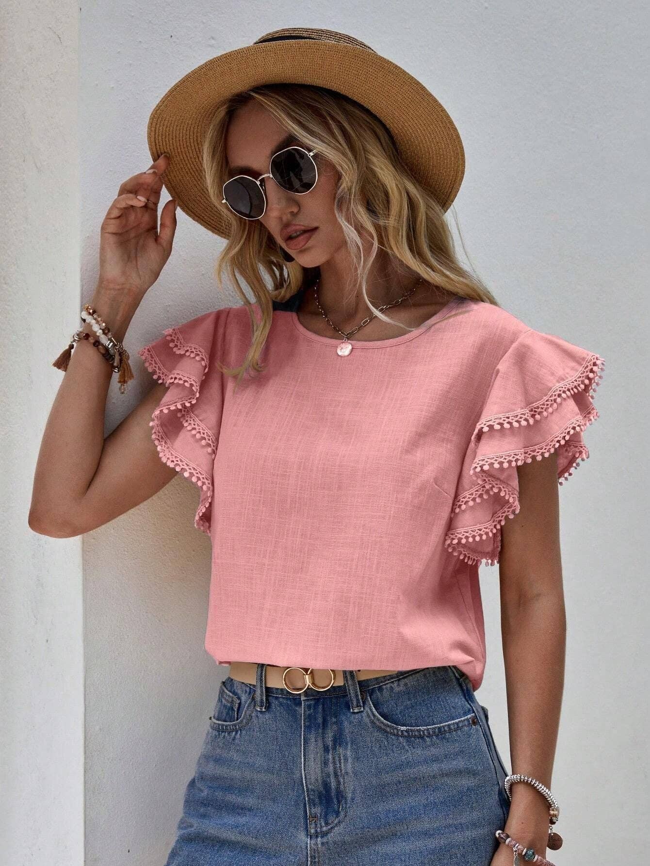 Lovesoft - Wholesale Blouse - Women's - Women's Casual Ruffle Sleeve V-Neck Blouse Soft Cotton Pom Pom Trim Short Sleeve Top9