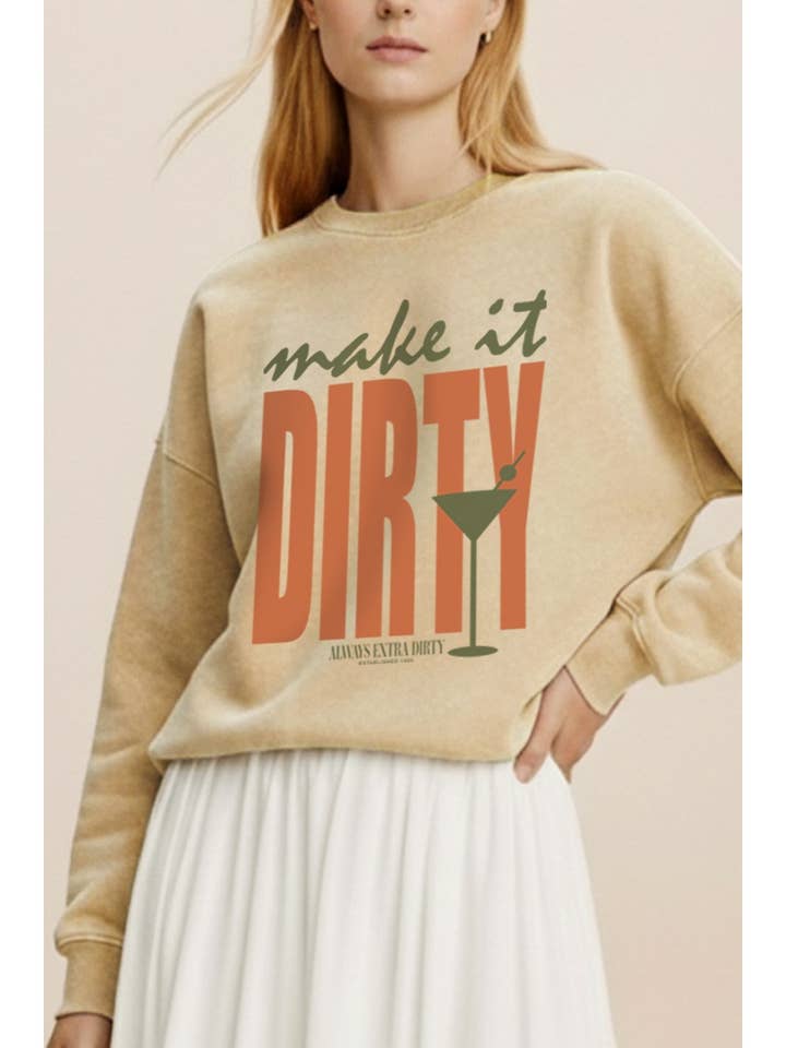 MAKE IT DIRTY MARTINI GRAPHIC MINERAL WASH SWEATSHIRT for wholesale by PINK NABI