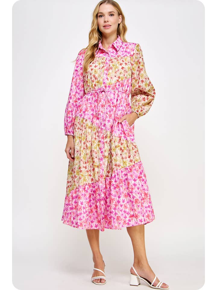 Pink chartreuse Asymmetric Tiered Cotton Voile Midi Shirt Dress for wholesale on Faire2