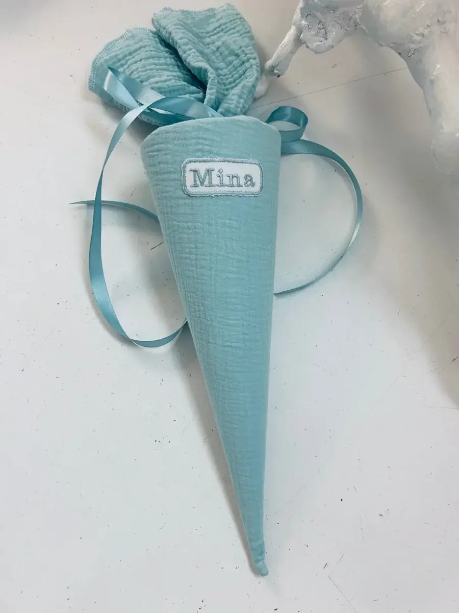 Küstenfieber® – Großhandel Partygeschenk – Musselin Schultüte Mint – Handmade – 35 cm / Ø 12 cm oder 709