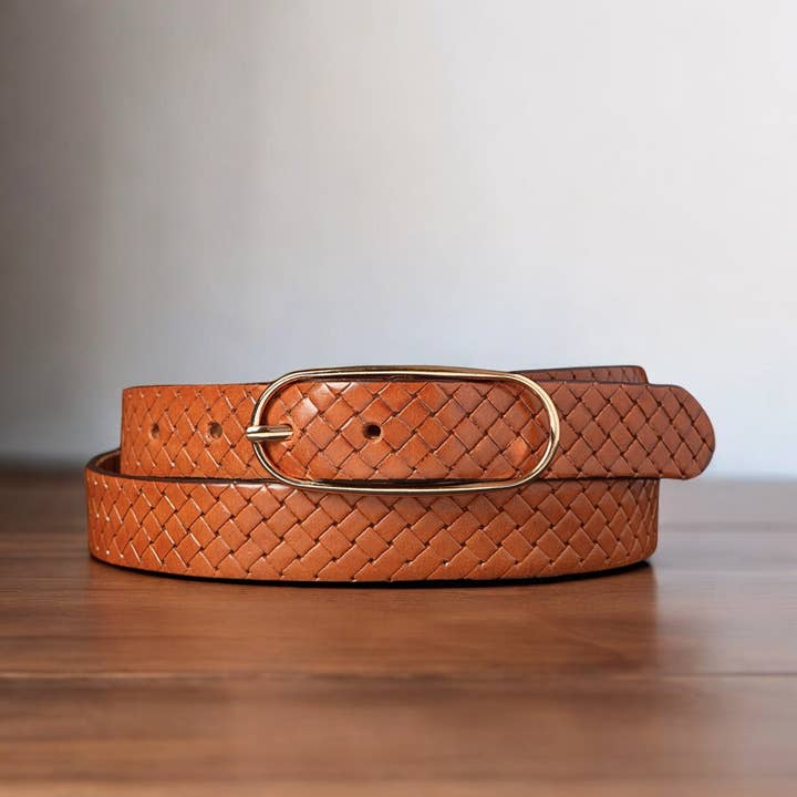 NAB LEATHER - Wholesale Belt - Women's - Aika - Tan Braided Embossed Leather Belt with Oval Buckle - Made in Canada