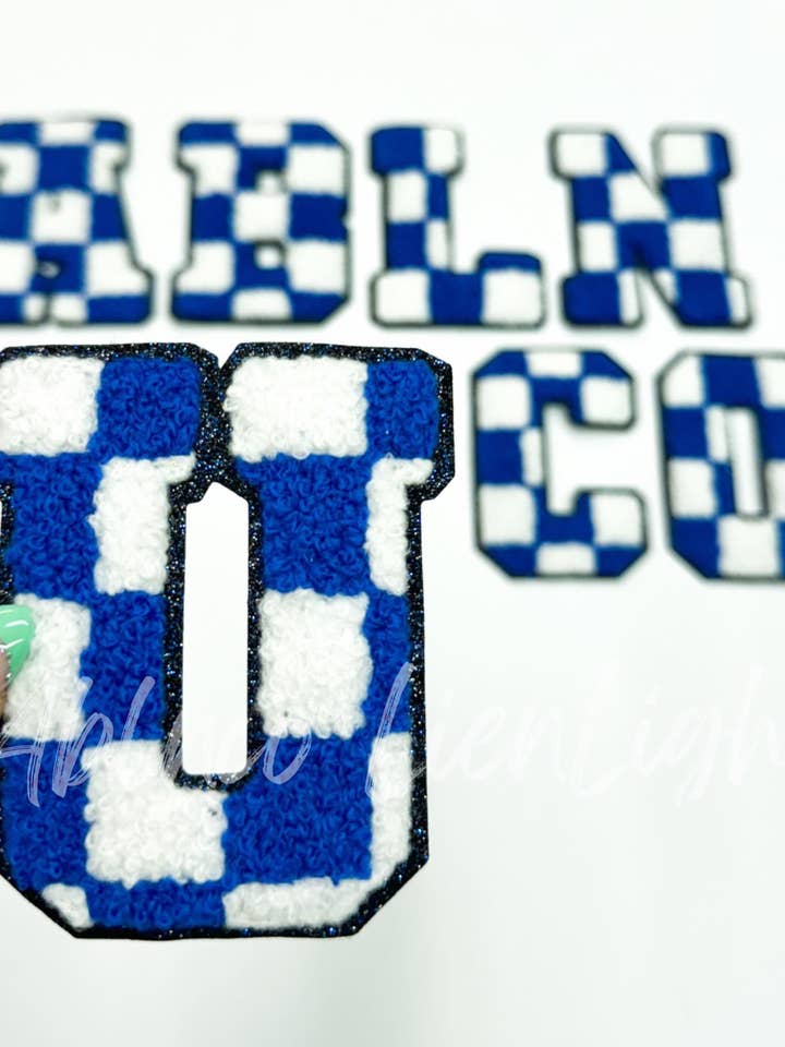 Royal Checkered Letters Chenille Embroidery Patch for wholesale by ABLNco