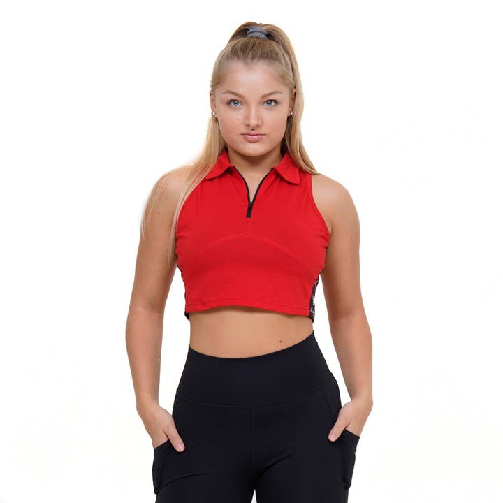 Diva Collar Zipper Crop Top - Red for wholesale by FIT ARMY